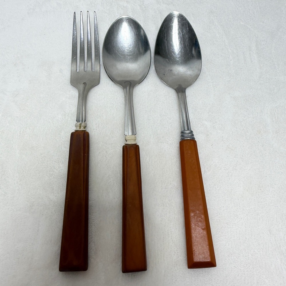 Vintage Butterscotch Handle Utensil Set 3pc Stainless USA Mid Century Modern MCM